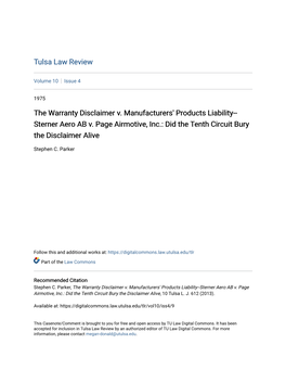 The Warranty Disclaimer V. Manufacturers' Products Liability-- Sterner Aero AB V