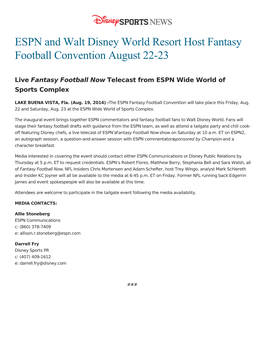 ESPN and Walt Disney World Resort Host Fantasy Football Convention August 22-23