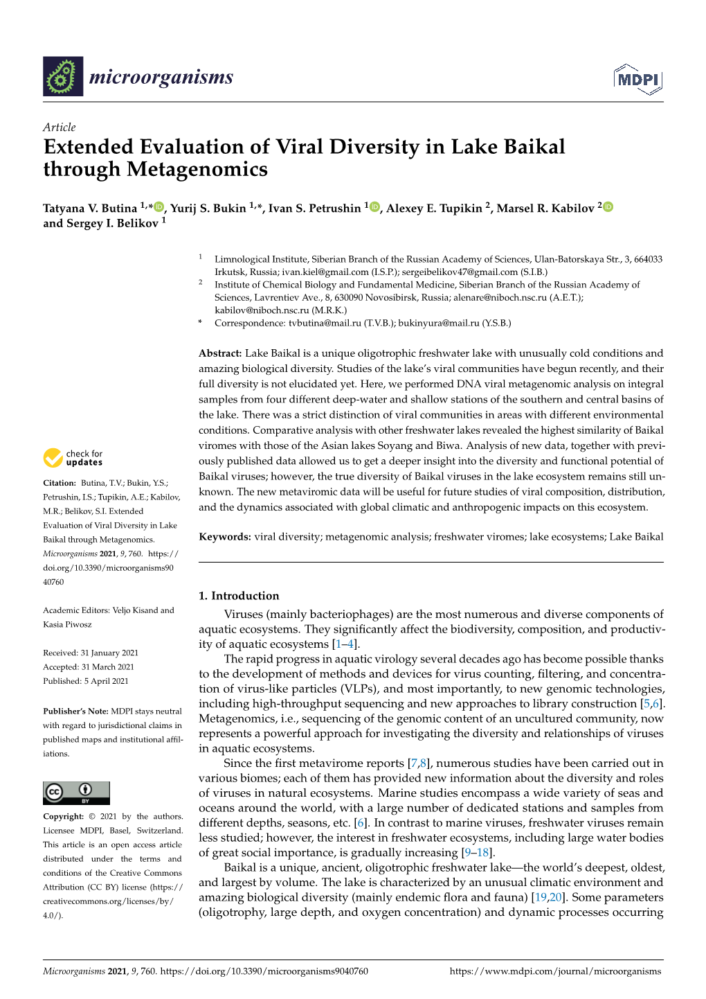 Extended Evaluation of Viral Diversity in Lake Baikal Through Metagenomics