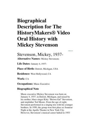 Biographical Description for the Historymakers® Video Oral History with Mickey Stevenson