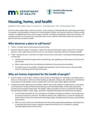 Housing, Home, and Health NARRATIVES and HEALTH EQUITY: EXPANDING the CONVERSATION