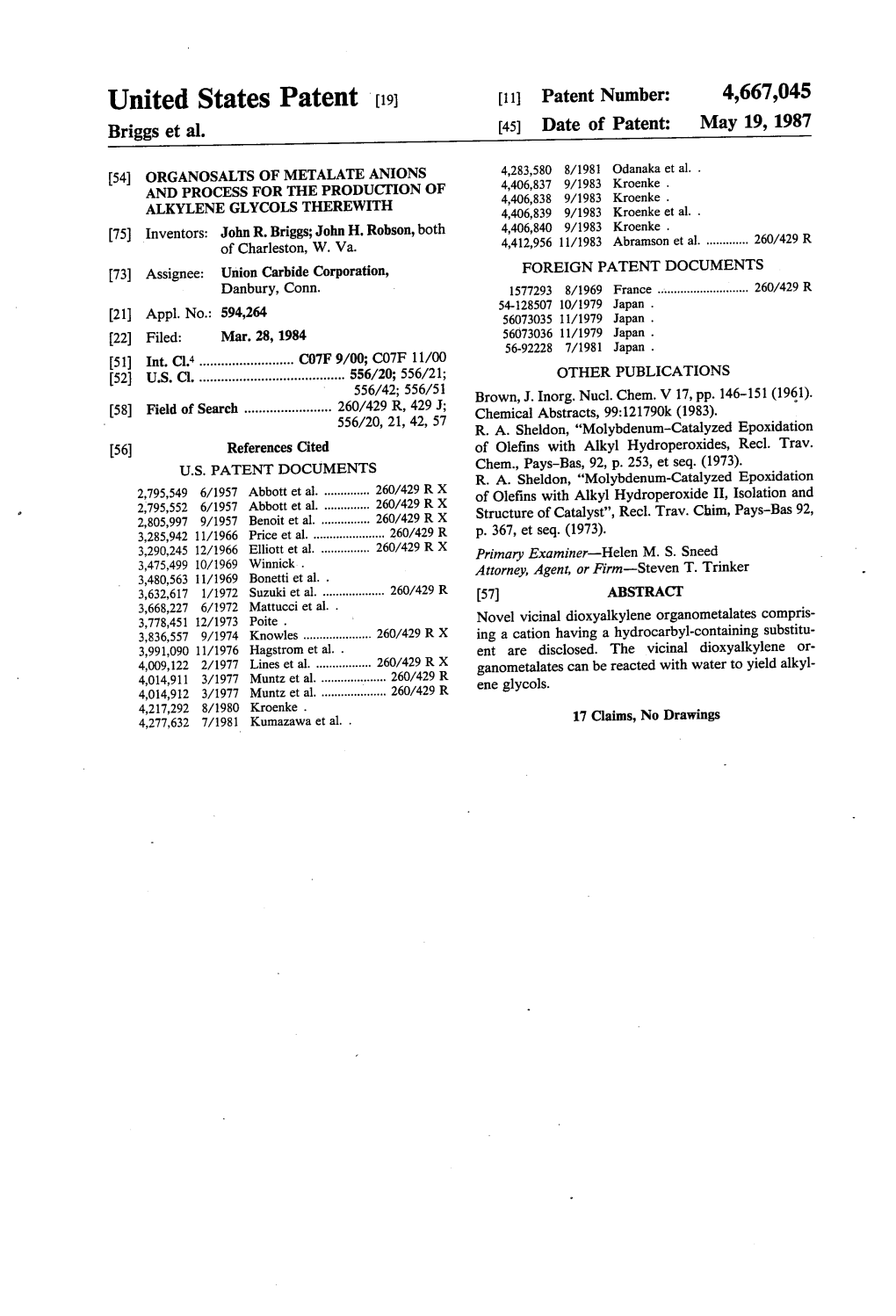 United States Patent (19) 11 Patent Number: 4,667,045 Briggs Et Al