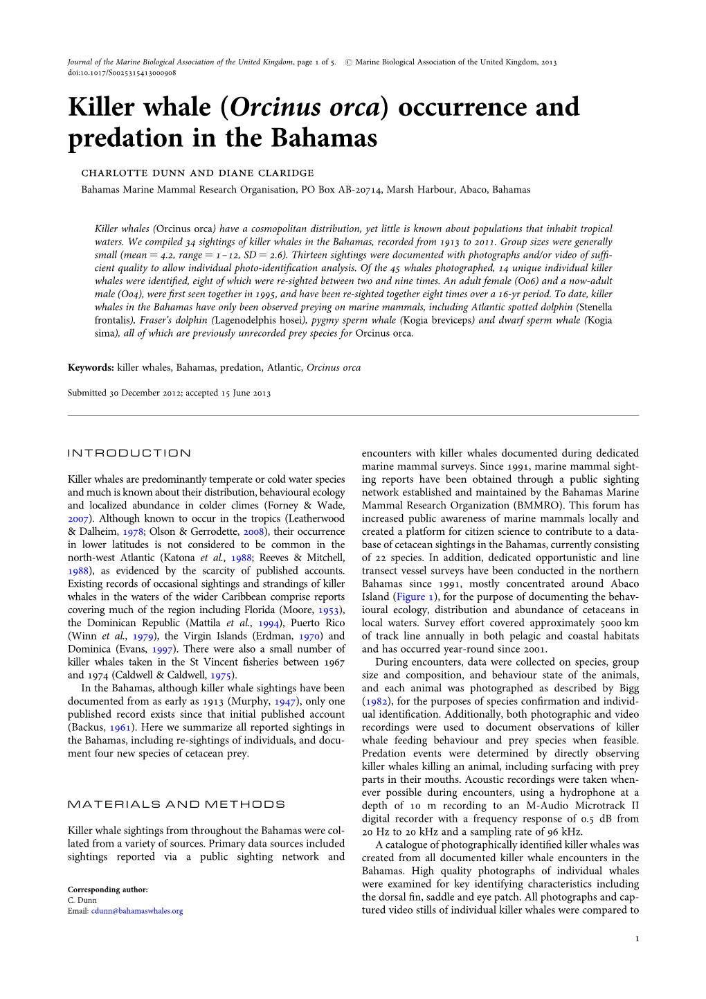 Killer Whale (Orcinus Orca) Occurrence and Predation in the Bahamas