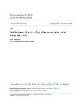 First Recipients of Anthropological Doctorates in the United States, 1891-1930