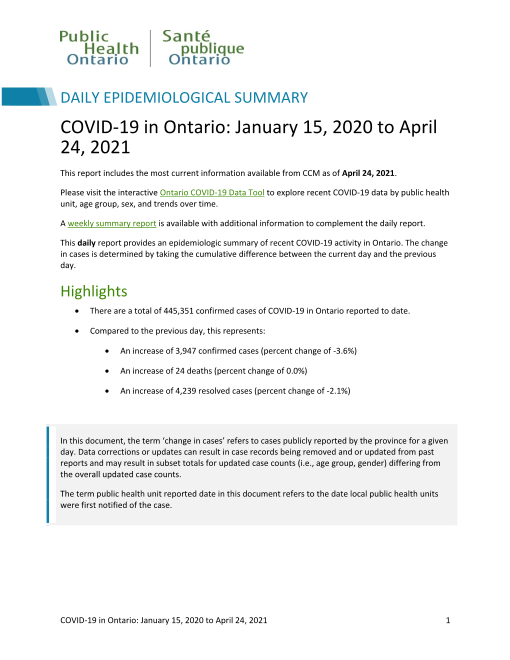 COVID-19 in Ontario: January 15, 2020 to April 24, 2021