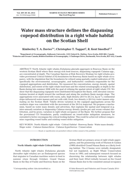 Water Mass Structure Defines the Diapausing Copepod Distribution in a Right Whale Habitat on the Scotian Shelf