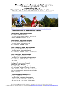 Movelo Verleih-Und Ladestationen Im Main-Spessart-Gebiet Stand: 24.01.2013 Tourismus-Marketing Triefenstein E.V