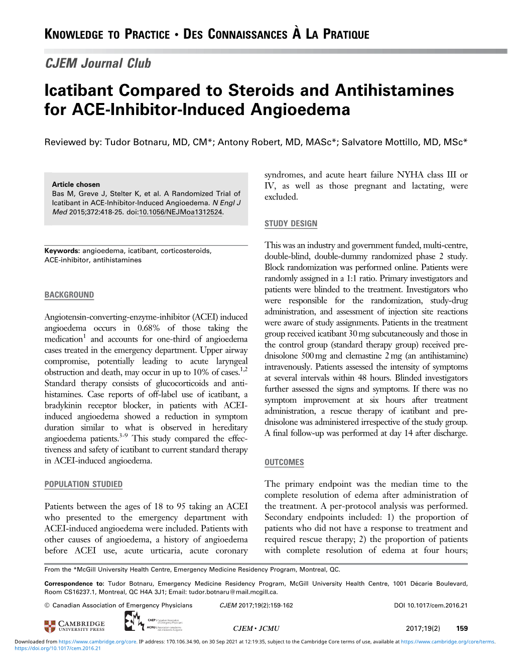 Icatibant Compared to Steroids and Antihistamines for ACE-Inhibitor-Induced Angioedema