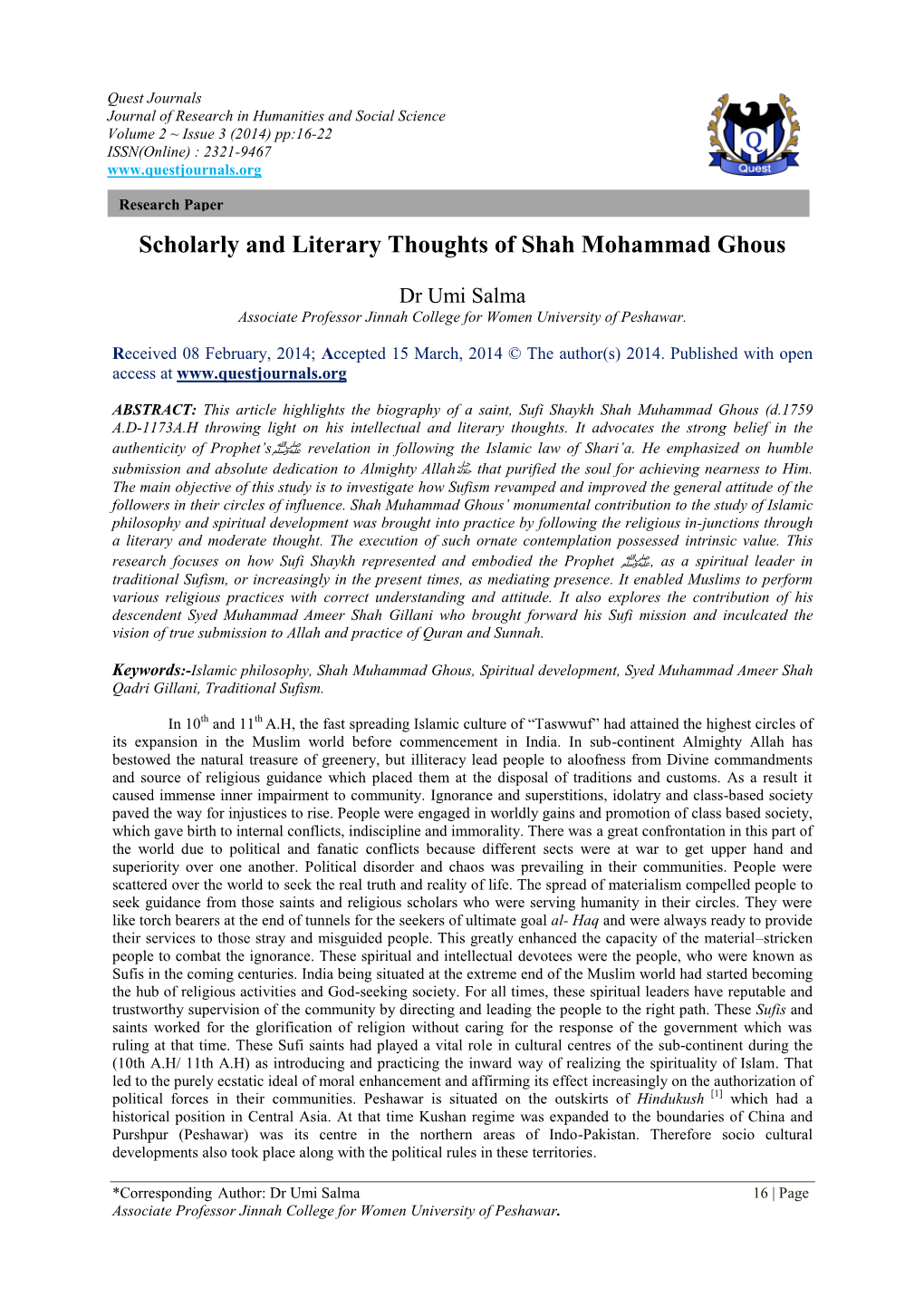 Scholarly and Literary Thoughts of Shah Mohammad Ghous