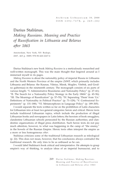 Darius Staliūnas, Making Russians. Meaning and Practice of Russification in Lithuania and Belarus After 1863