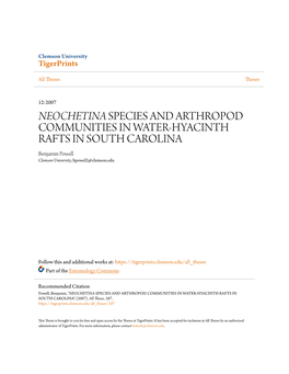 NEOCHETINA SPECIES and ARTHROPOD COMMUNITIES in WATER-HYACINTH RAFTS in SOUTH CAROLINA Benjamin Powell Clemson University, Bpowel2@Clemson.Edu