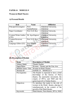 PAPER-14 MODULE-9 Women in Hindi Theatre A) Personal Details