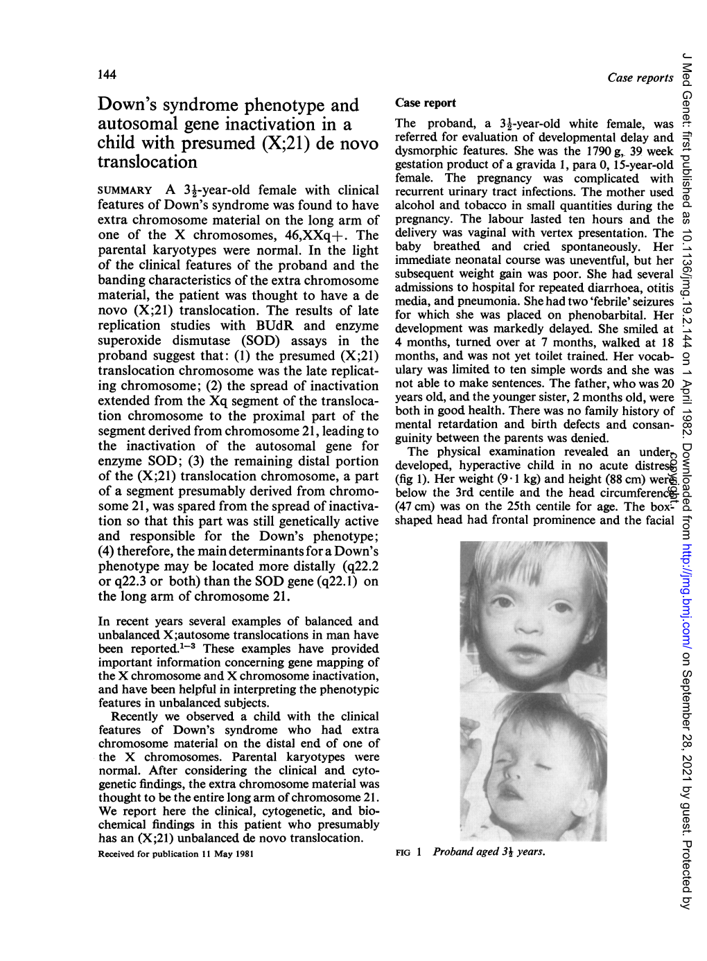 Down's Syndrome Phenotype and Autosomal Gene Inactivation in a Child with Presumed