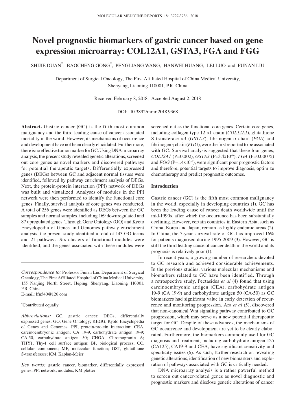 Novel Prognostic Biomarkers of Gastric Cancer Based on Gene Expression Microarray: COL12A1, GSTA3, FGA and FGG