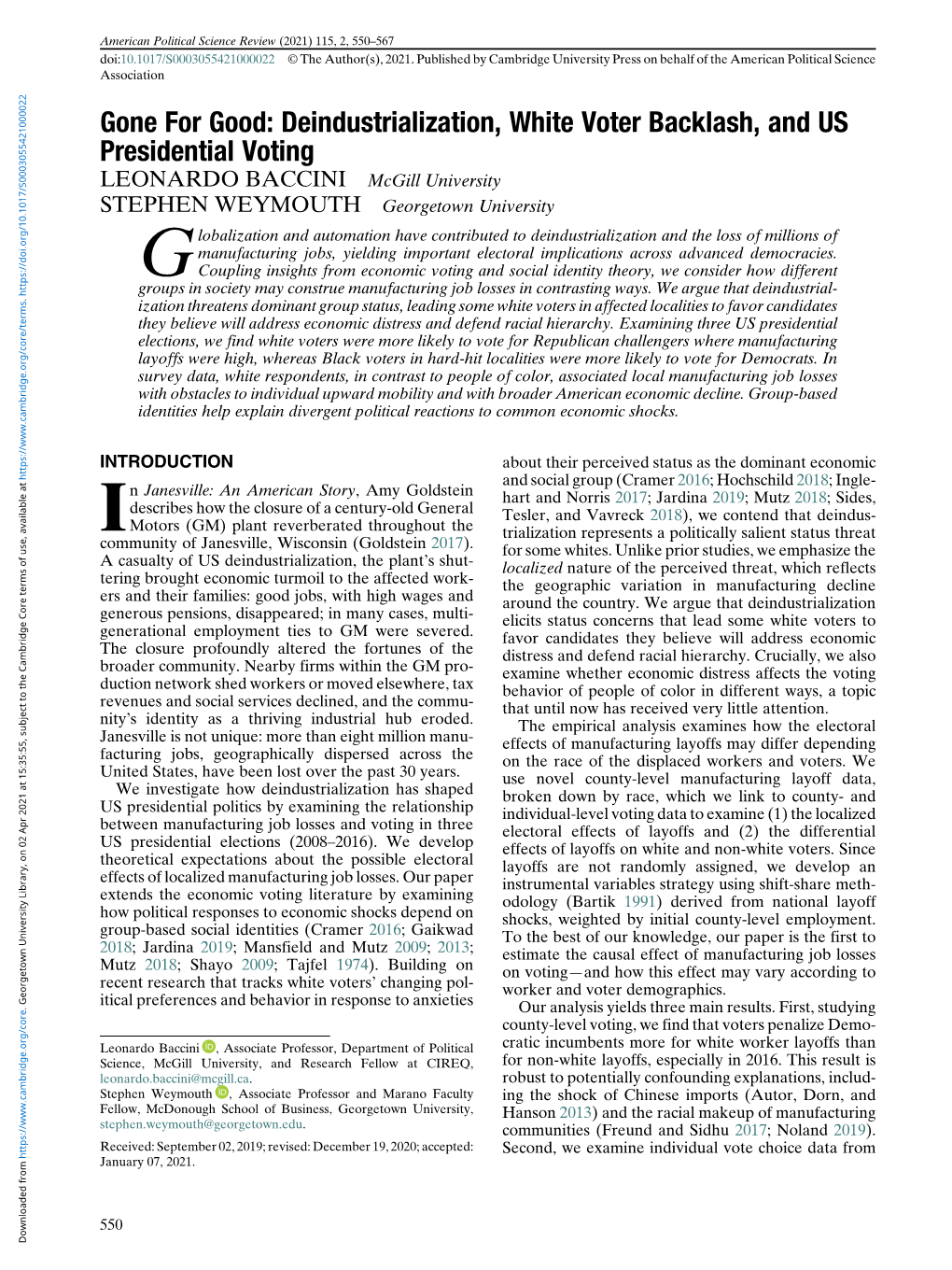 Deindustrialization, White Voter Backlash, and US Presidential Voting