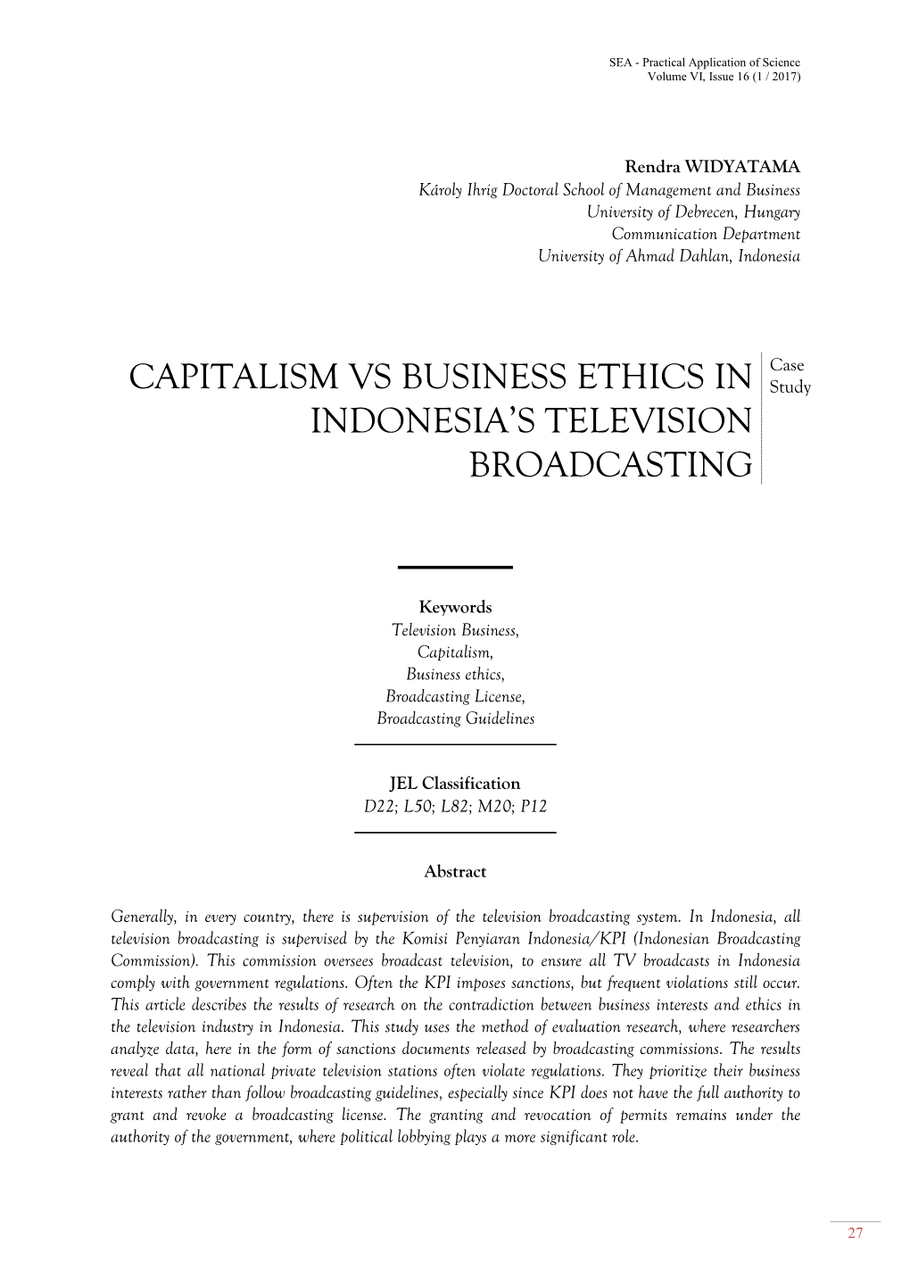 Capitalism Vs Business Ethics in Indonesia's Television