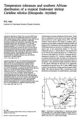 Temperature Tolerances and Southern African Distribution of a Tropical Freshwater Shrimp Caridina Nilotica (Decapoda: Atyidae)