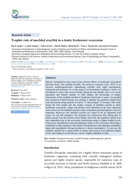 Trophic Role of Marbled Crayfish in a Lentic Freshwater Ecosystem