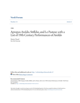 Apropos Aroldo, Stiffelio, and Le Pasteur, with a List of 19Th Century Performances of Aroldo Martin Chusid New York University