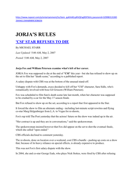 JORJA's RULES 'CSI' STAR REFUSES to DIE by MICHAEL STARR Last Updated: 5:00 AM, May 2, 2007 Posted: 5:00 AM, May 2, 2007