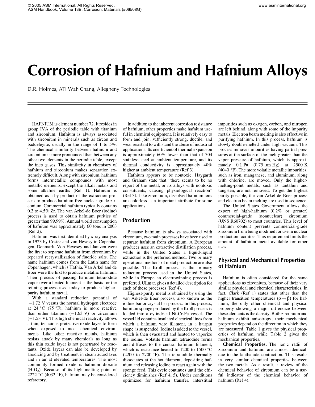 Corrosion of Hafnium and Hafnium Alloys