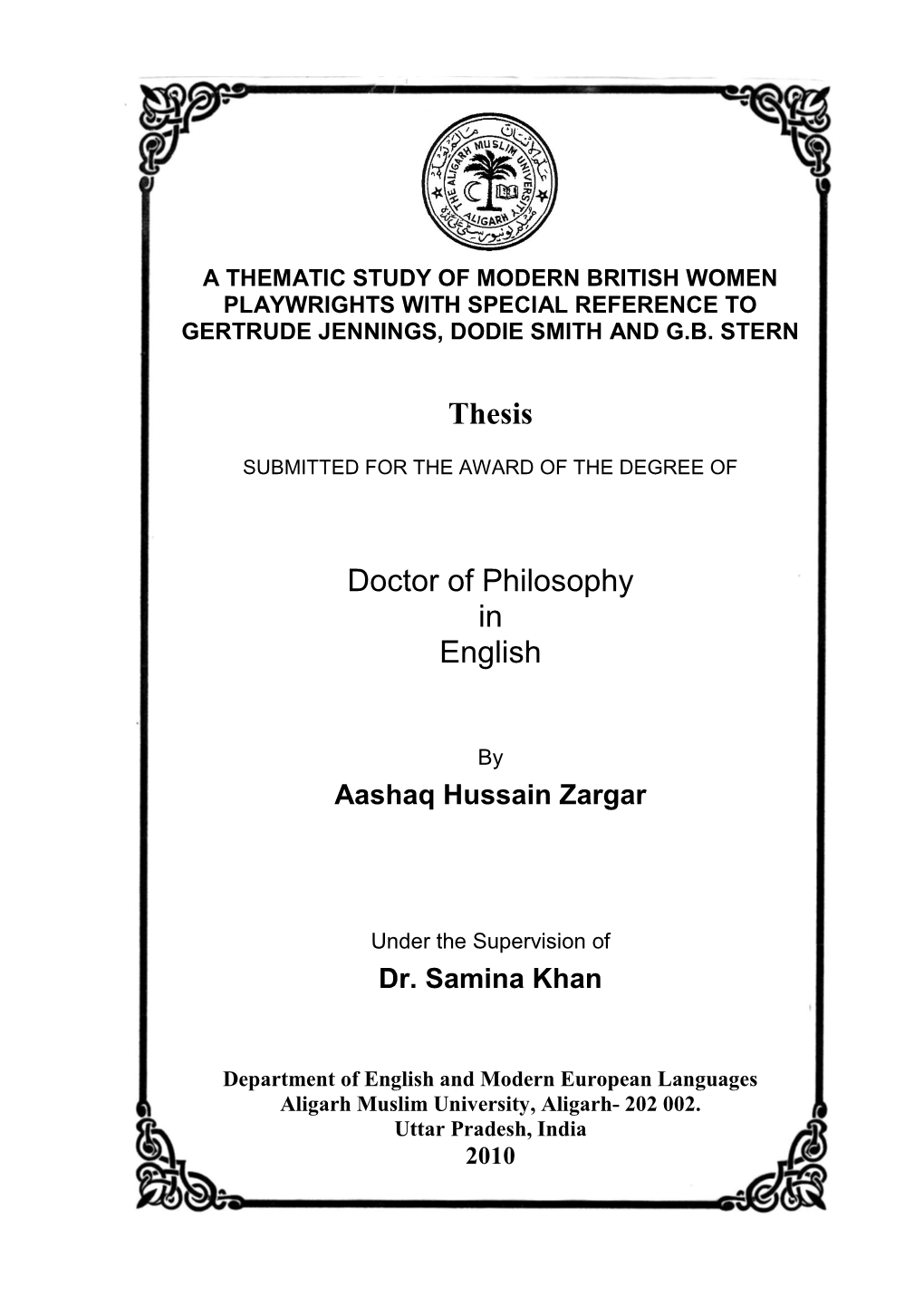 Thesis Doctor of Philosophy in English