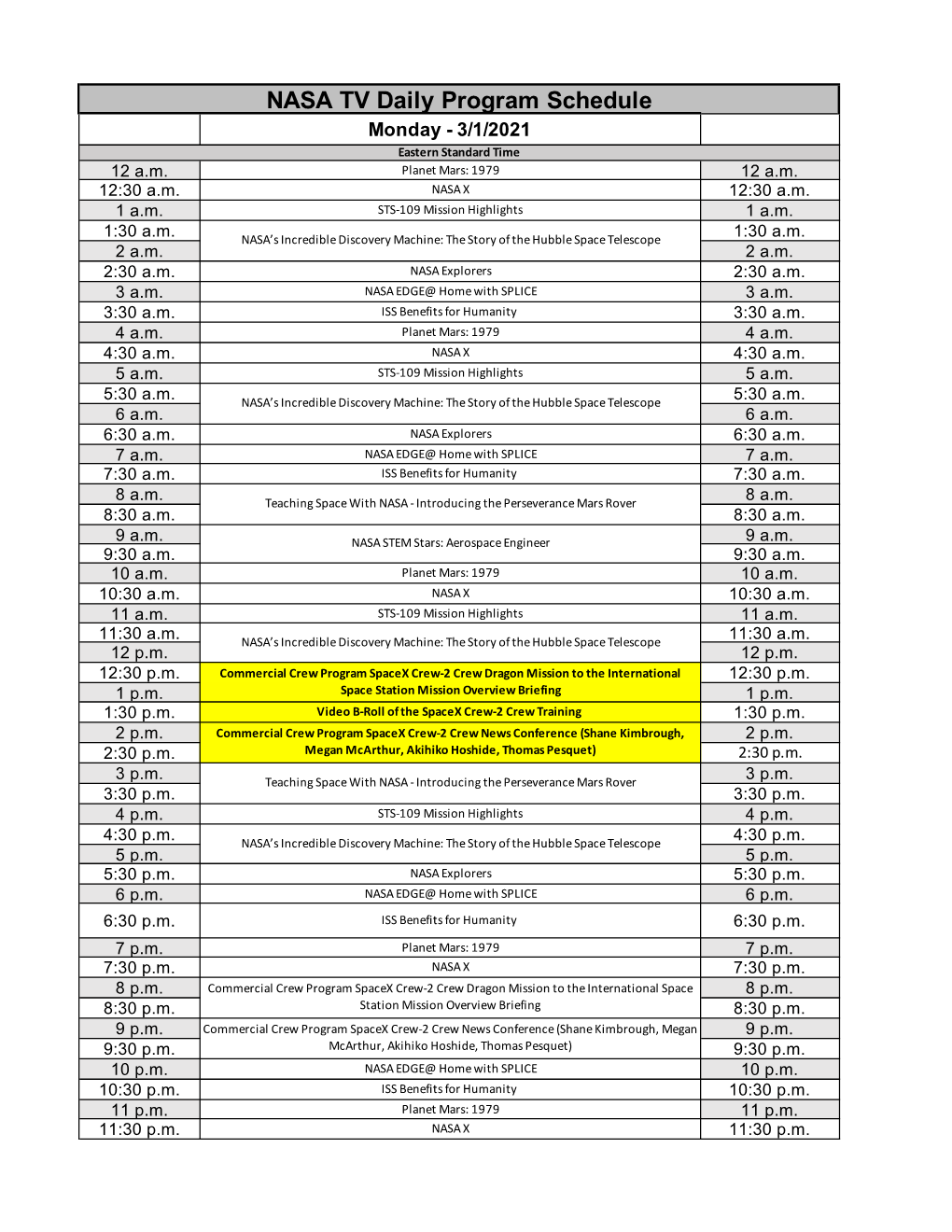 NASA TV Schedule for Web (Week of 3-1-2021).Xlsx