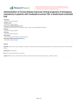 Administration of Yunnan Baiyao Improved Clinical Prognosis of Emergency Craniotomy in Patients with Moderate-To-Severe TBI: a Randomized Controlled Trial