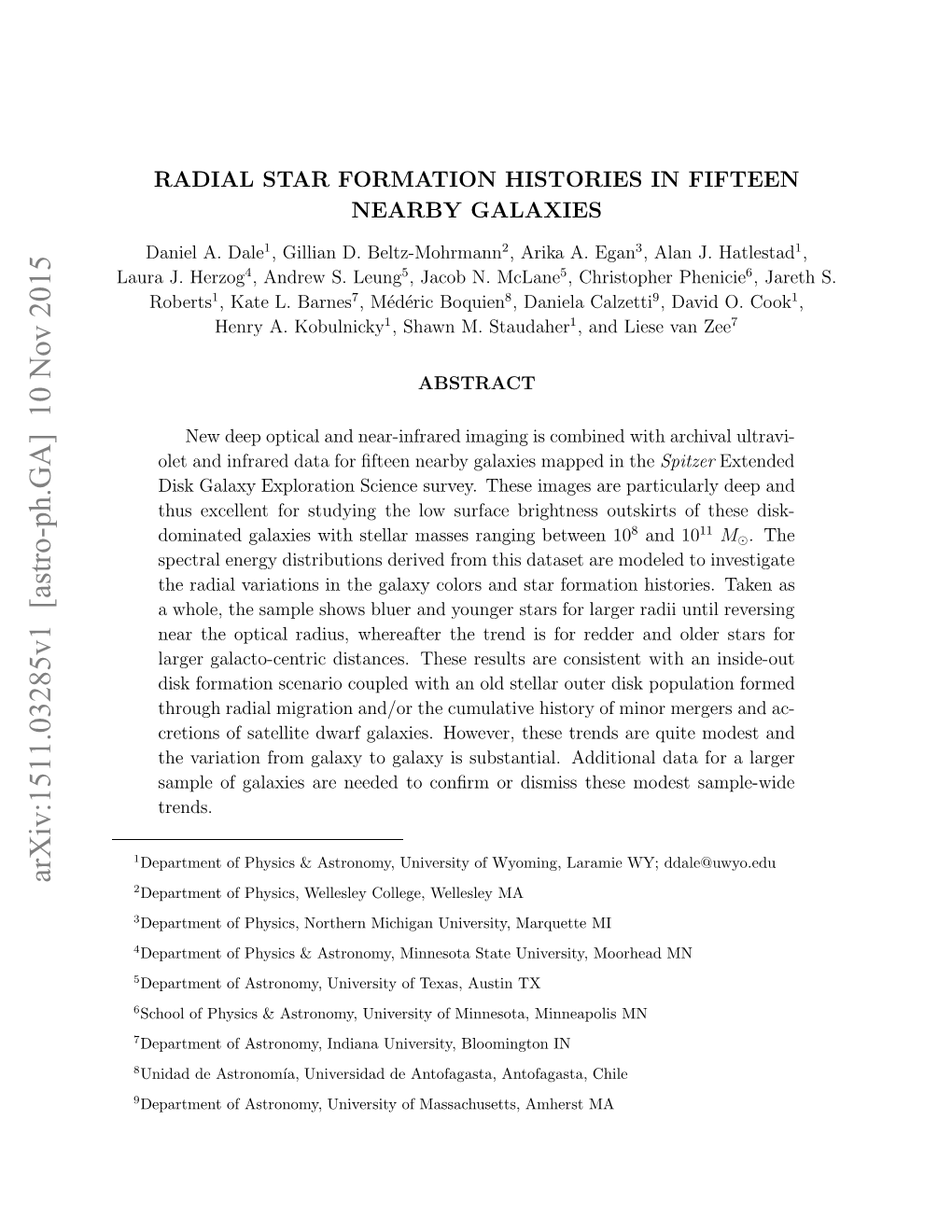 Radial Star Formation Histories in Fifteen Nearby Galaxies