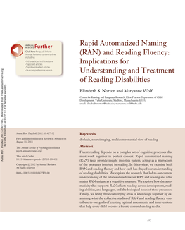 Rapid Automatized Naming (RAN) and Reading Fluency: Implications for Understanding and Treatment of Reading Disabilities