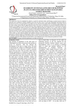 FEASIBILITY of INSTALLATING RICE HUSK POWER PLANT in CHHATTISGARH to MEET SUSTAINABLE ENERGY DEMANDS Ritesh Pandey *, Santosh K