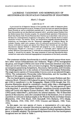 Lauridae: Taxonomy and Morphology of Ascothoracid Crustacean Parasites of Zoanthids