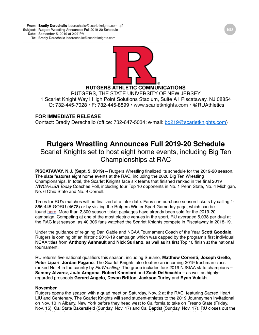 Rutgers Wrestling Announces Full 201920 Schedule