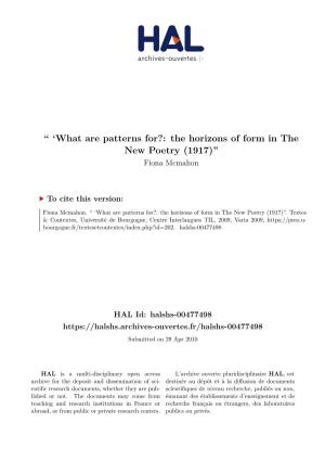 `` 'What Are Patterns For?: the Horizons of Form in the New Poetry (1917)''