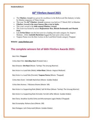 66Th Filmfare Award 2021 the Complete Winners List of 66Th Filmfare Awards 2021