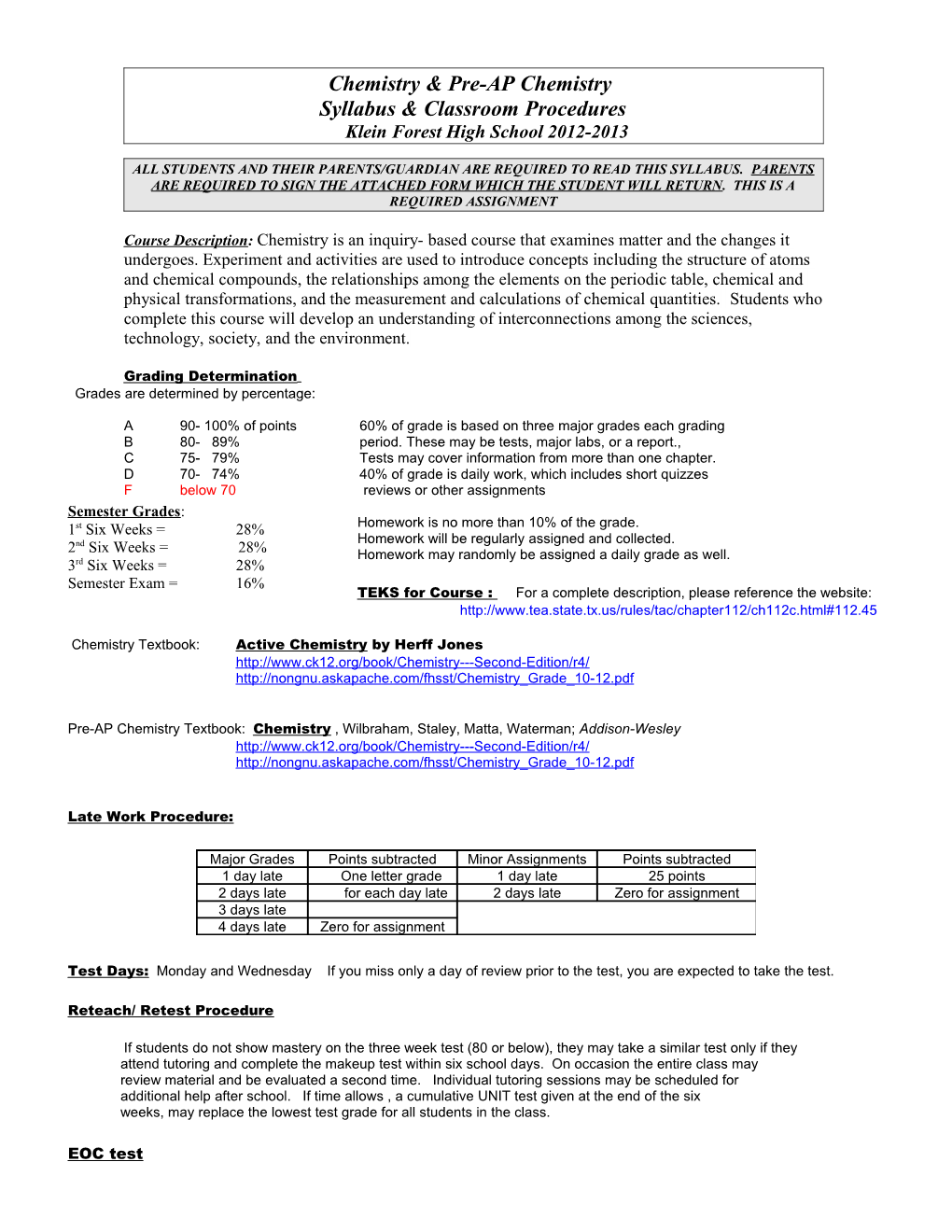 Chemistry Syllabus & Classroom Procedures