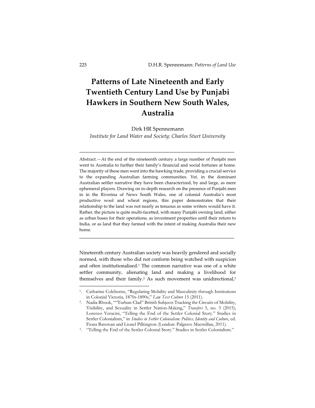 Patterns of Late Nineteenth and Early Twentieth Century Land Use by Punjabi Hawkers in Southern New South Wales, Australia