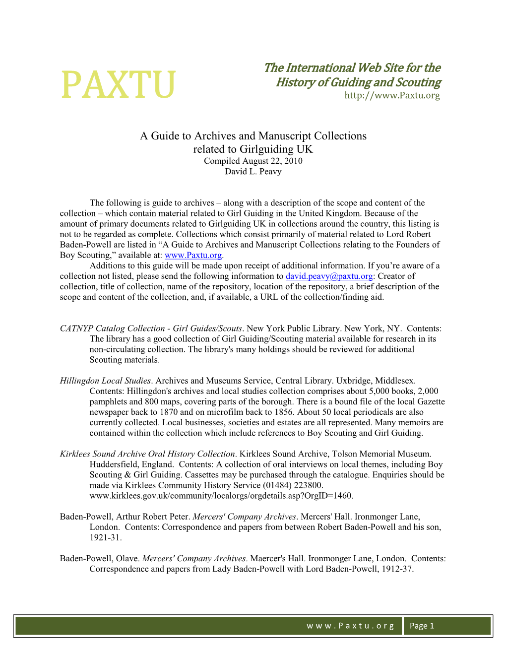 The International Web Site for the History of Guiding and Scouting PAXTU