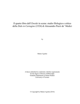 Il Quarto Libro Dell‟Eneide in Scena: Studio Filologico E Critico Della Dido in Cartagine (1524) Di Alessandro Pazzi De‟ Medici
