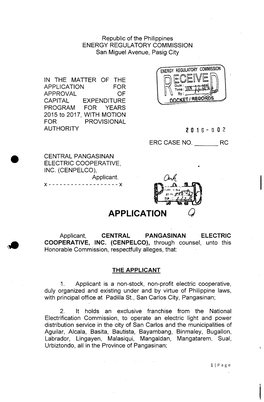 APPLICATION �FOR APPROVAL � of CAPITAL �EXPENDITURE PROGRAM for YEARS 2015 to 2017, with MOTION for PROVISIONAL AUTHORITY 2016-002