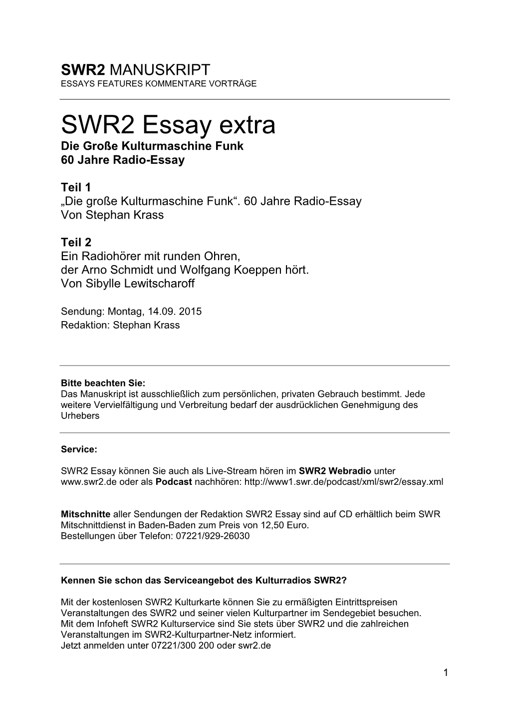 SWR2 Essay Extra Die Große Kulturmaschine Funk 60 Jahre Radio-Essay