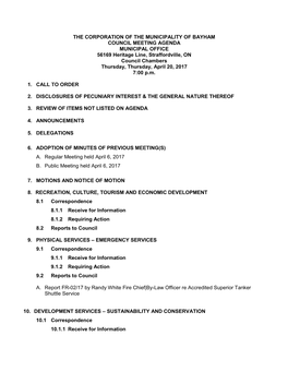 THE CORPORATION of the MUNICIPALITY of BAYHAM COUNCIL MEETING AGENDA MUNICIPAL OFFICE 56169 Heritage Line, Straffordville, on Co