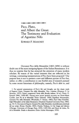 Pico, Plato, and Albert the Great: the Testimony and Evaluation of Agostino Nifo EDWARD P