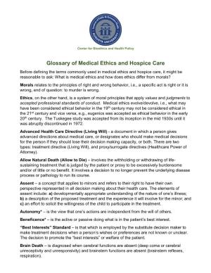 Glossary of Medical Ethics and Hospice Care