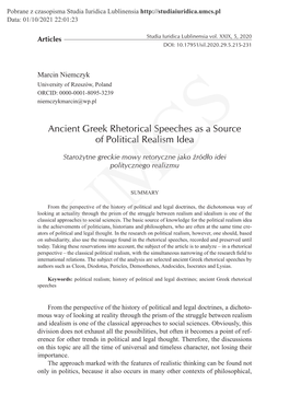 Ancient Greek Rhetorical Speeches As a Source of Political Realism Idea