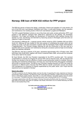Norway: EIB Loan of NOK 632 Million for PPP Project