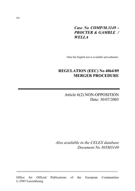 Case No COMP/M.3149 - PROCTER & GAMBLE / WELLA