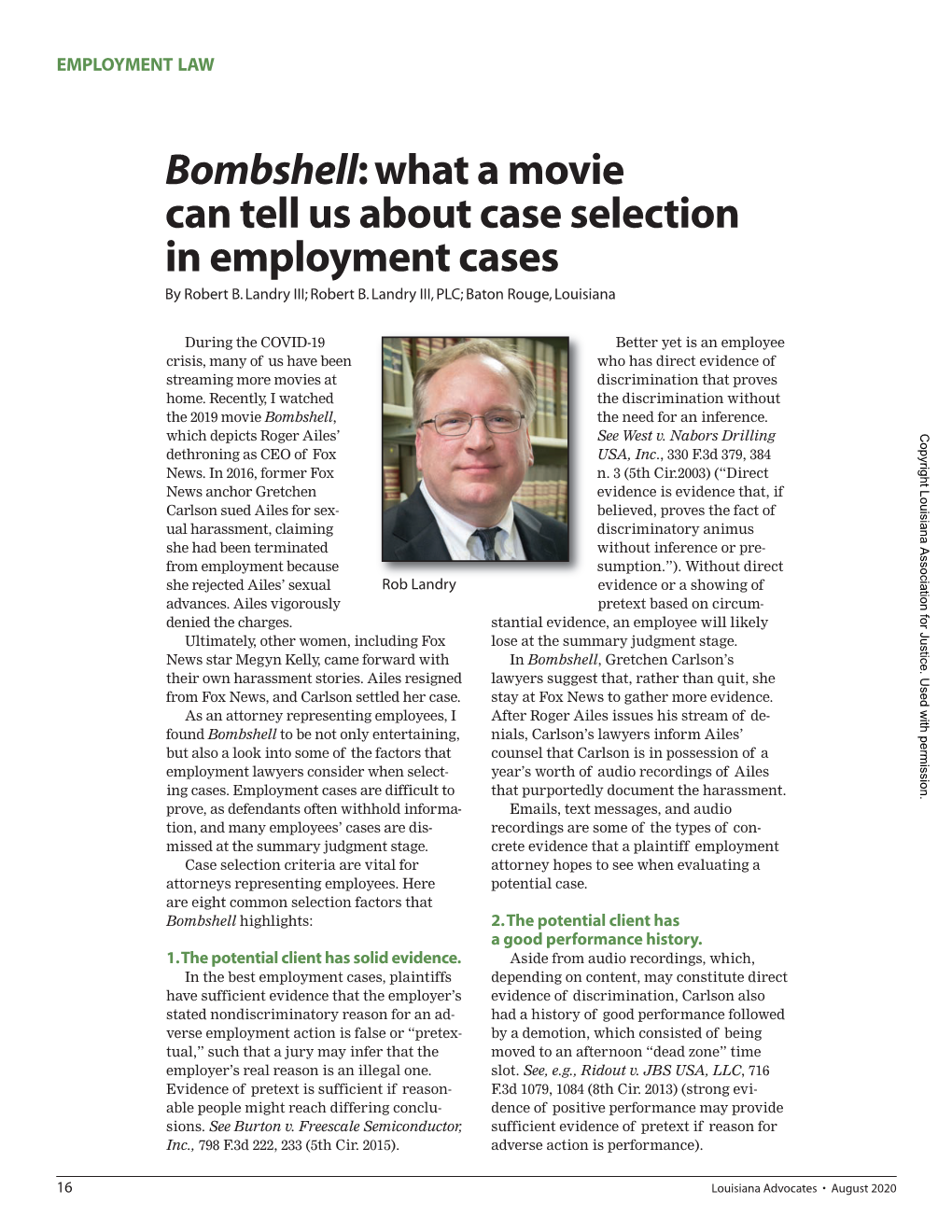 Bombshell: What a Movie Can Tell Us About Case Selection in Employment Cases by Robert B