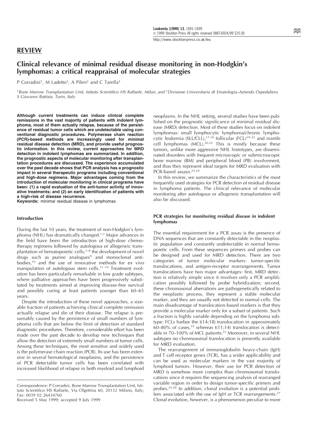 REVIEW Clinical Relevance of Minimal Residual Disease Monitoring in Non