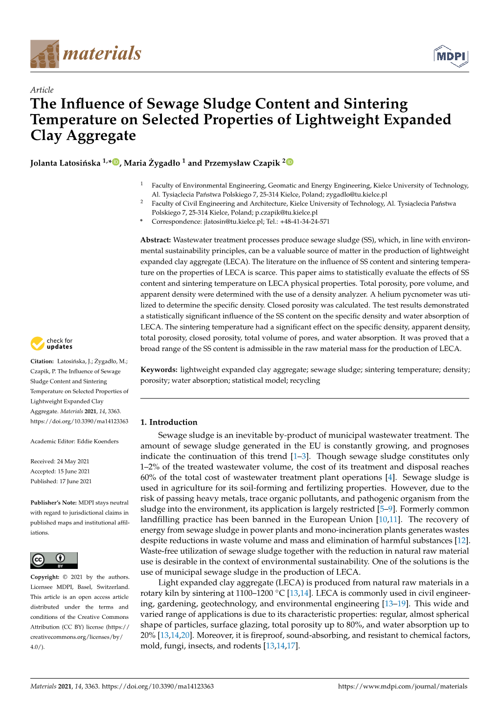 The Influence of Sewage Sludge Content and Sintering Temperature